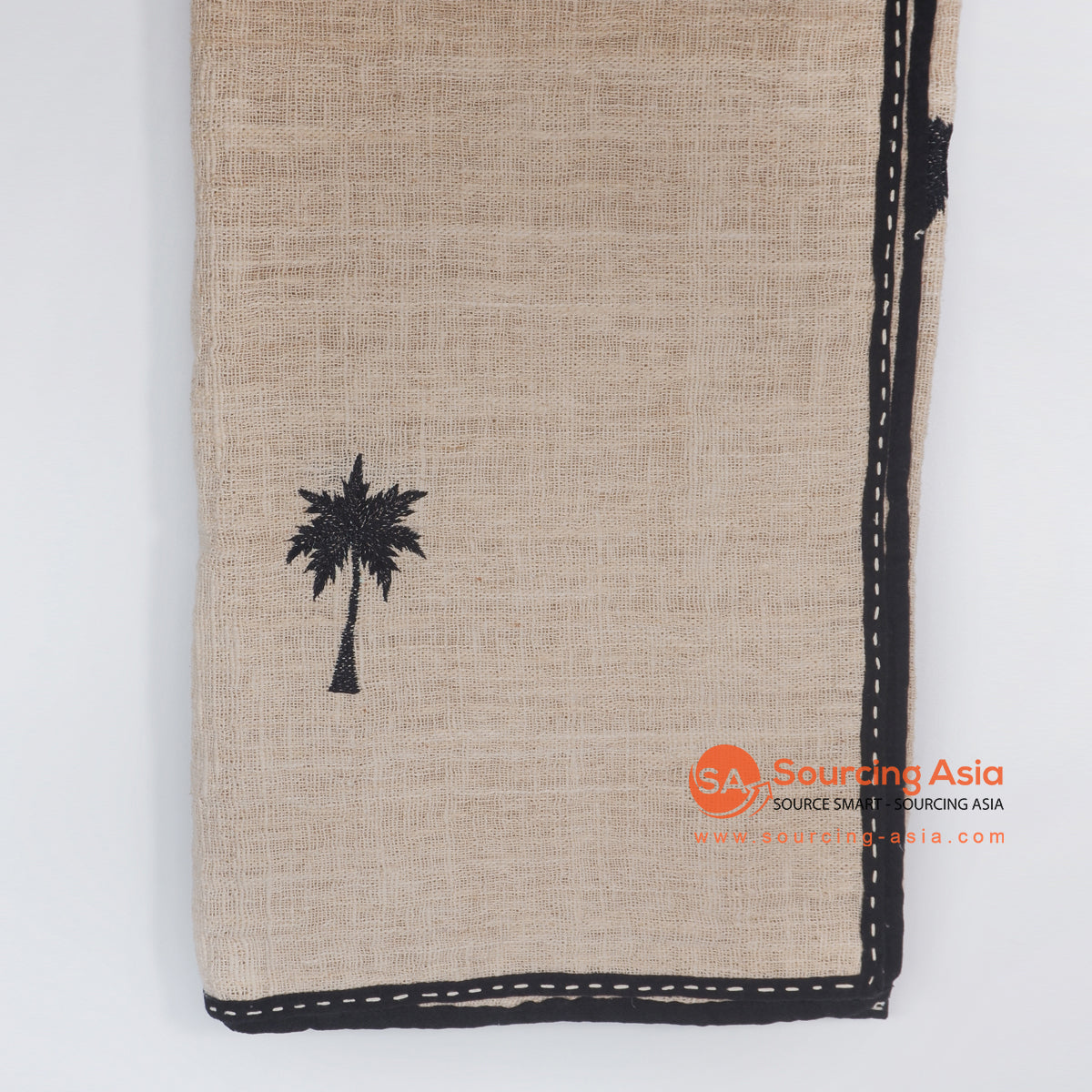 MRC306 NATURAL COTTON THROW BLANKET WITH BLACK PALM TREE EMBROIDERY AND BLACK BORDER