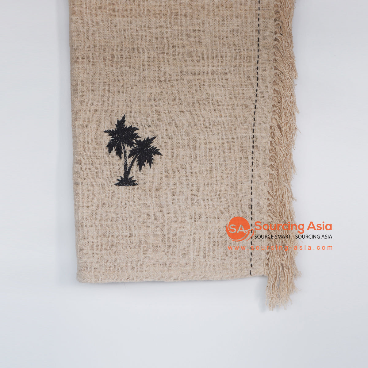 MRC307 NATURAL COTTON THROW BLANKET WITH BLACK PALM TREE EMBROIDERY AND FRINGE