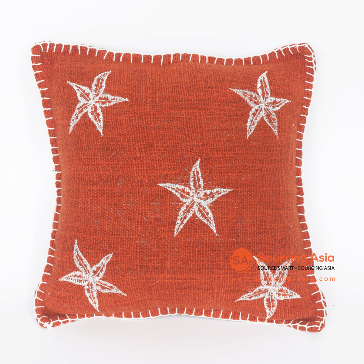 MRC311 RED COTTON CUSHION WITH WHITE FLOWERS EMBROIDERY AND WHITE HANDSTITCHED BORDER (PRICE WITHOUT INNER)