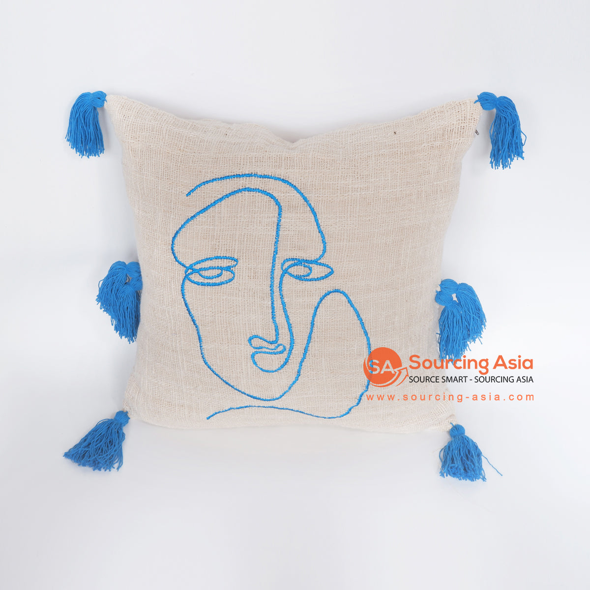 MRC315 NATURAL COTTON CUSHION WITH BLUE ABSTRACT FACE EMBROIDERY AND TASSELS (PRICE WITHOUT INNER)