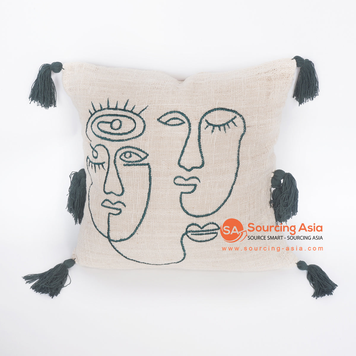 MRC319 NATURAL COTTON CUSHION WITH ABSTRACT FACE EMBROIDERY AND TASSELS (PRICE WITHOUT INNER)