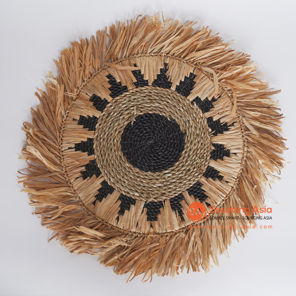 MRC332 NATURAL SEAGRASS AND BLACK RAFFIA ROUND WALL DECORATION WITH MENDONG FRINGE