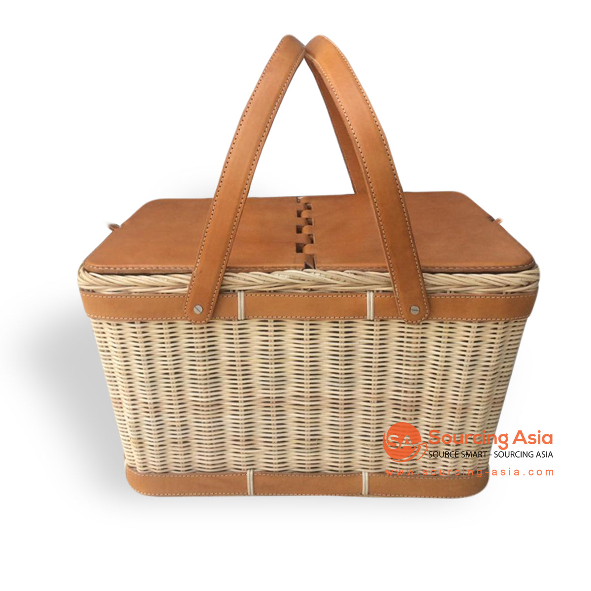 MJR003-1 BROWN LEATHER AND NATURAL RATTAN PICNIC BASKET