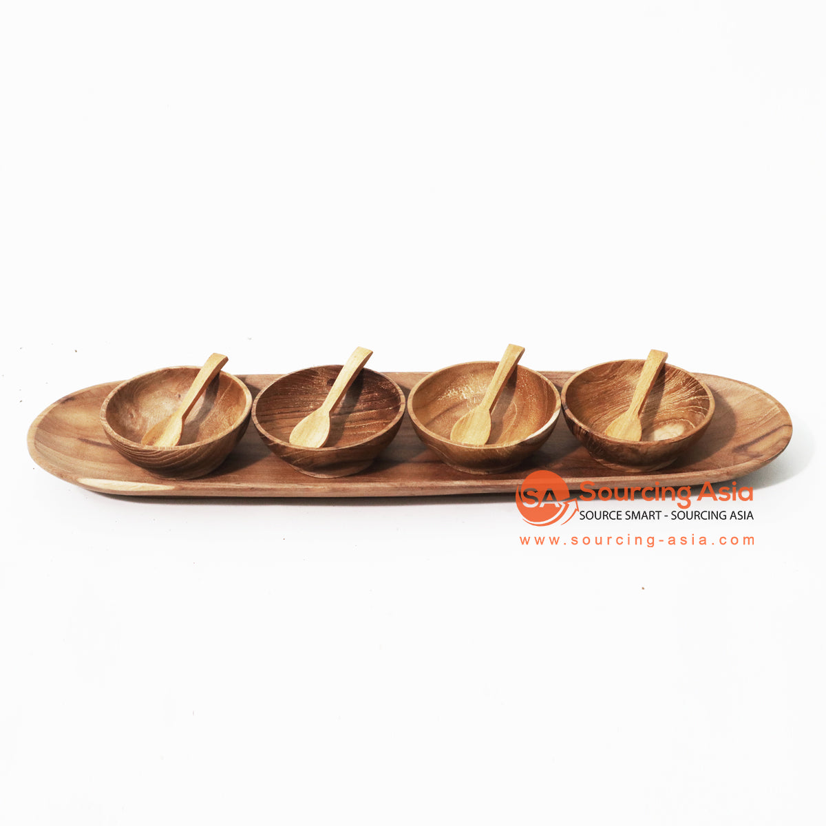 MSB004 NATURAL TEAK WOOD TRAY SET WITH FOUR BOWLS DIA. 8X3CM AND SPOONS