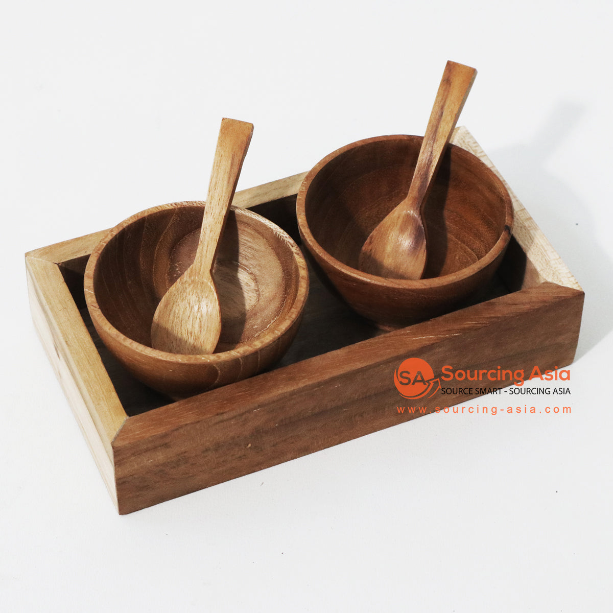 MSB013 NATURAL TEAK WOOD TRAY SET TWO SAUCE BOWLS 6X3,5CM WITH SPOONS