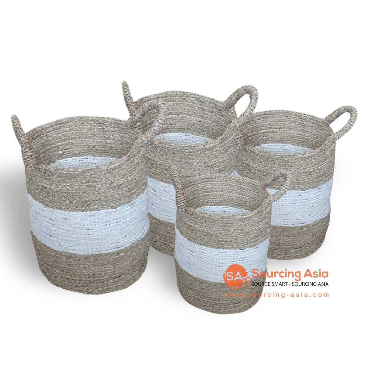 MTI109 SET OF FOUR NATURAL AND WHITE WOVEN LAUNDRY BASKETS WITH HANDLE