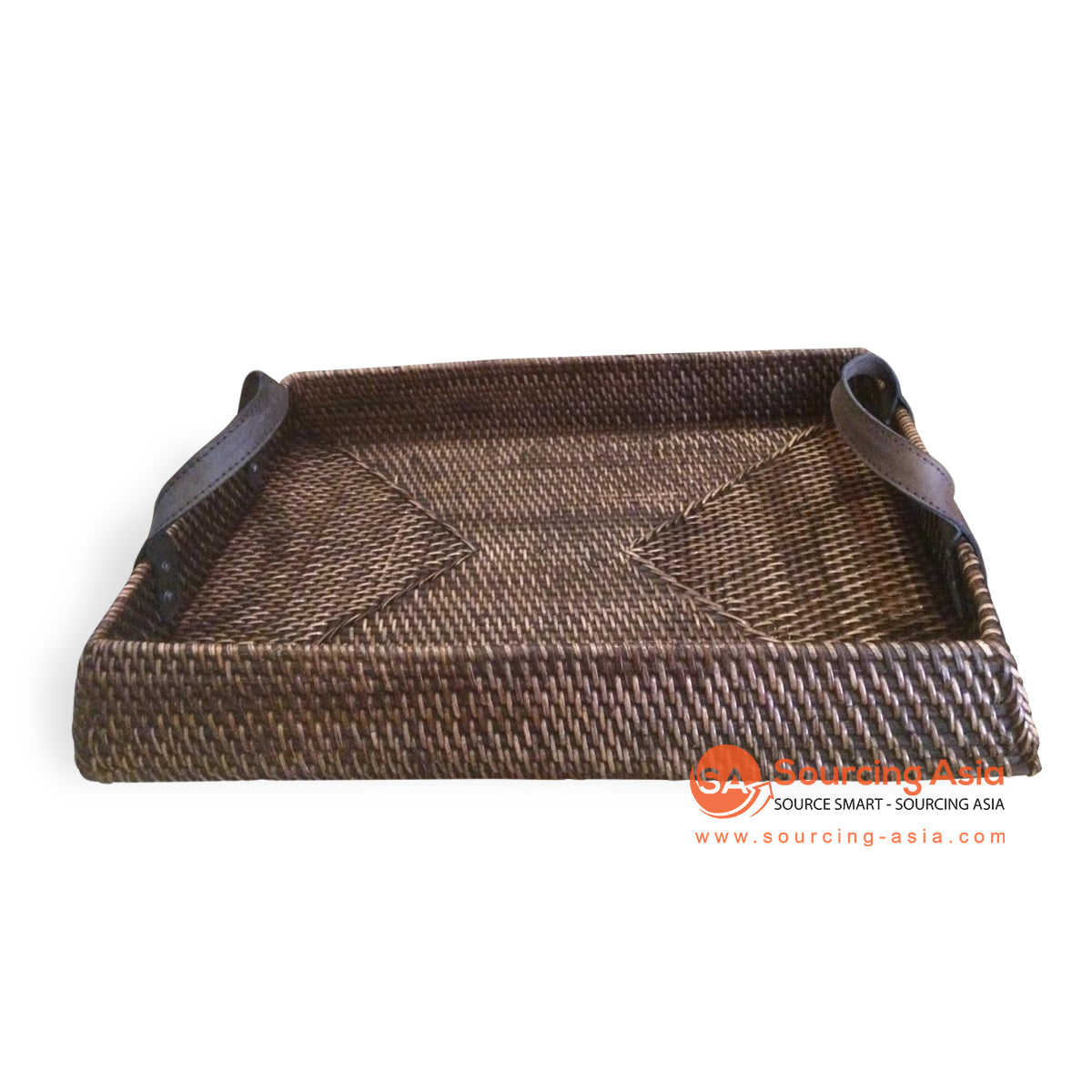 MTI112 DARK BROWN WOVEN RATTAN RECTANGLE TRAY WITH LEATHER HANDLE