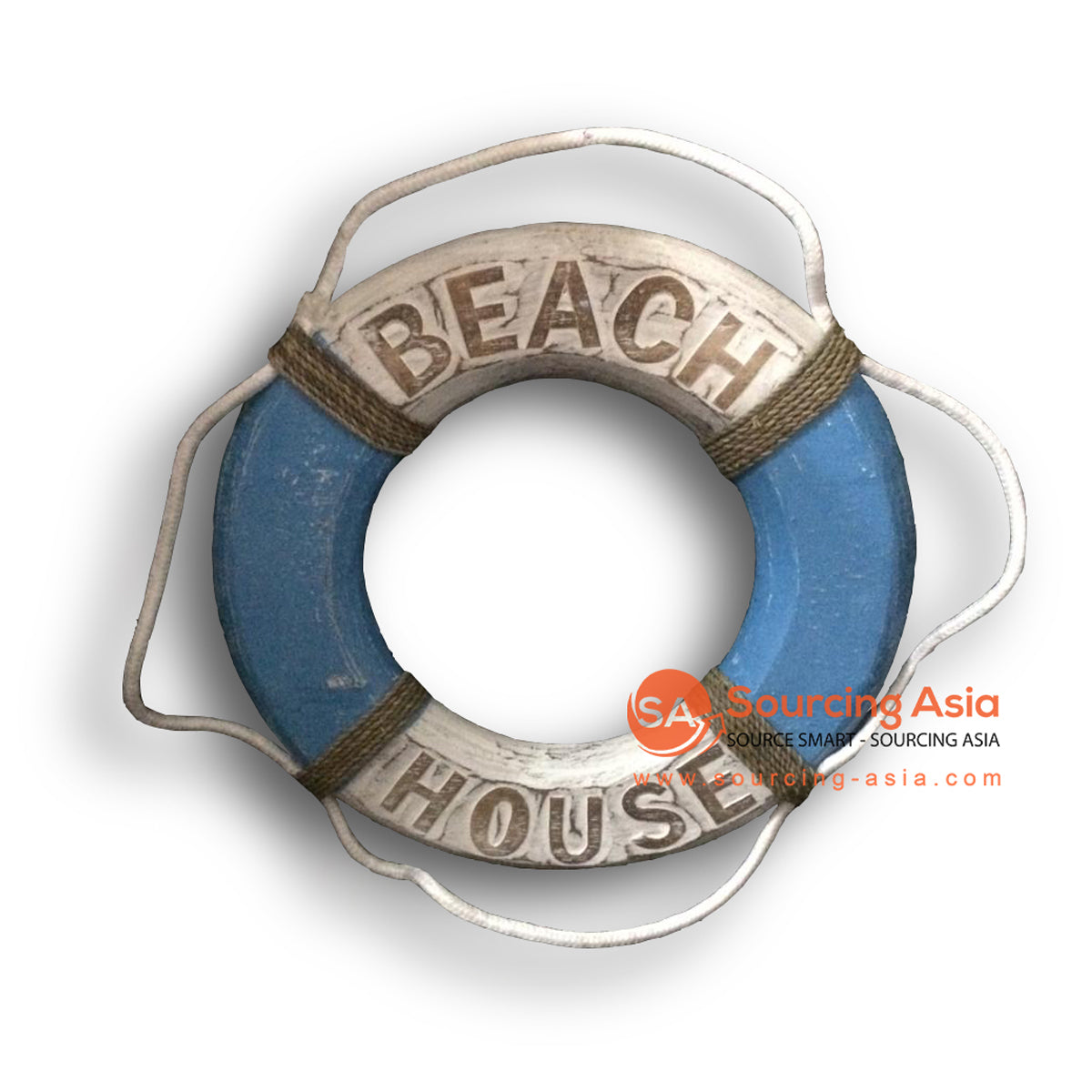 MTIB001-2 BLUE WOODEN BUOY RING WALL DECORATION WITH "BEACH HOUSE" SIGN