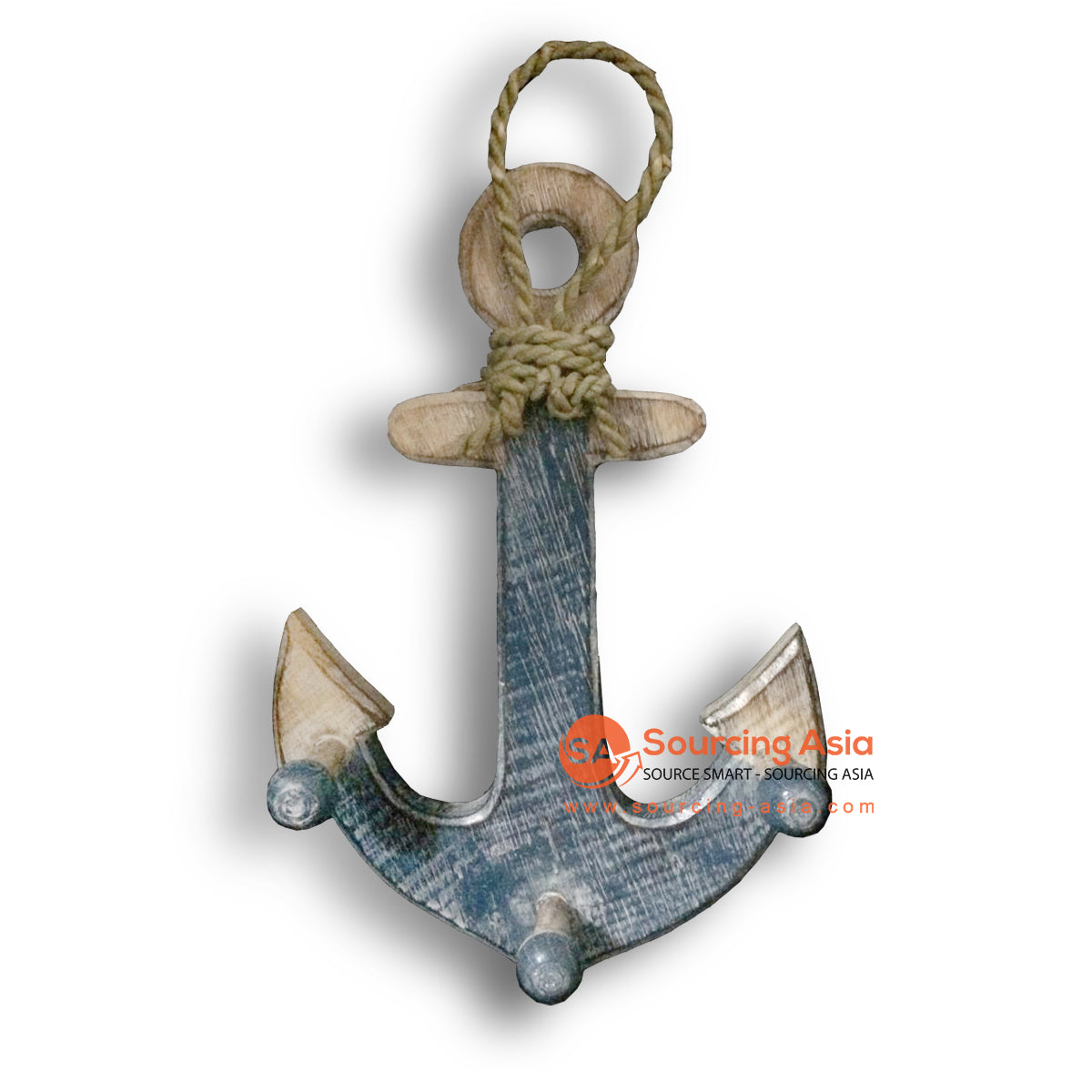 MTIB010-6 BLUE AND NATURAL WOODEN ANCHOR DECORATION WITH ROPE