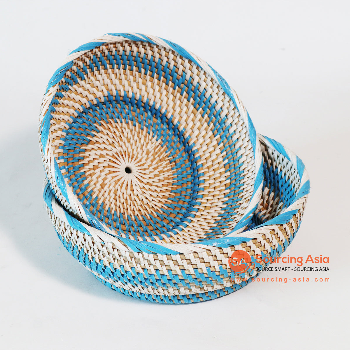 MTIC017-3 SET OF TWO WHITE AND BLUE RATTAN AND PLASTIC SMALL BASKETS