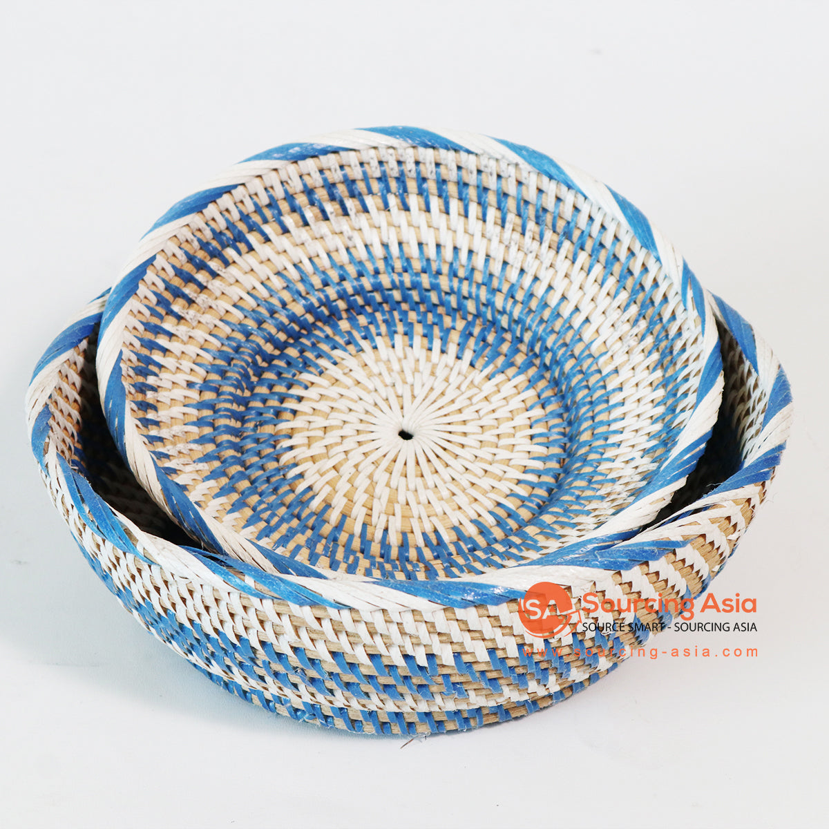 MTIC017-4 SET OF TWO WHITE AND BLUE RATTAN AND PLASTIC SMALL BASKETS