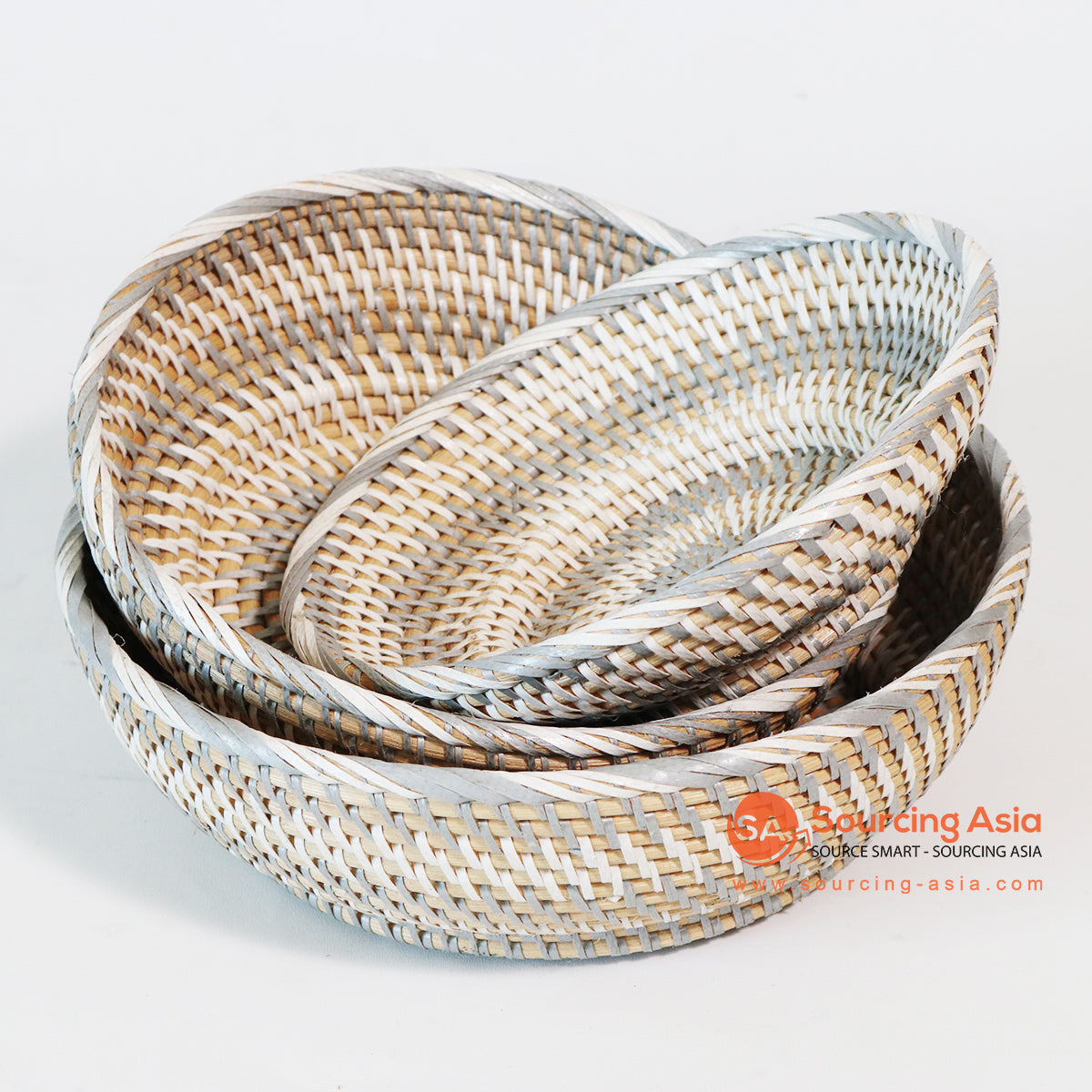 MTIC017-5 SET OF TWO WHITE AND GREY RATTAN AND PLASTIC SMALL BASKETS