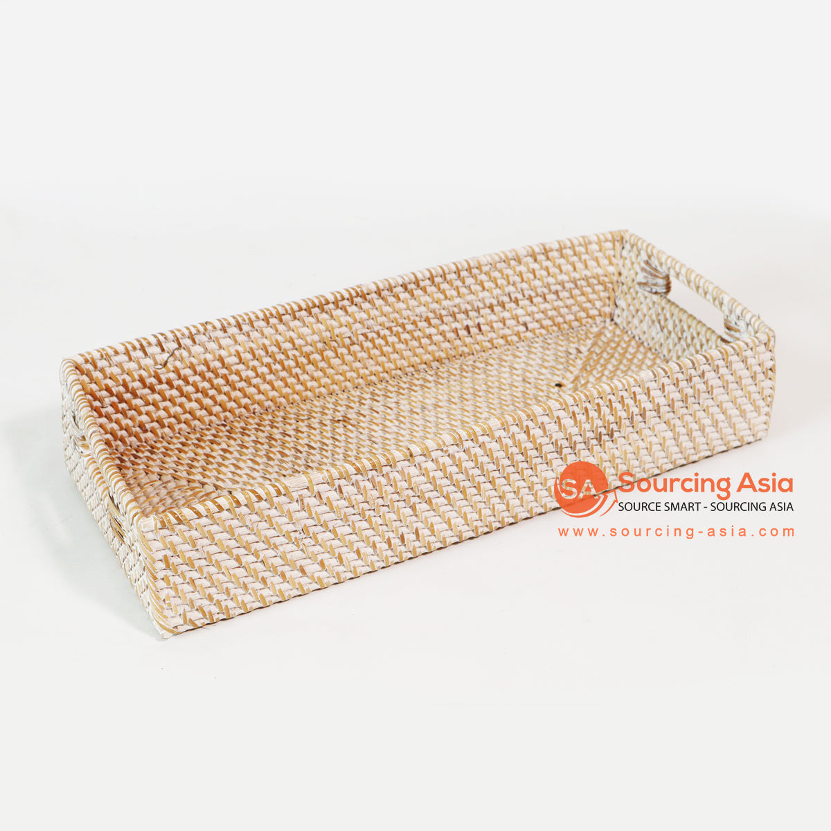 MTIC026 WHITE WASH WOVEN RATTAN RECTANGULAR TRAY WITH HANDLE