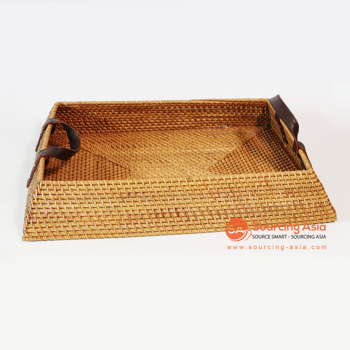 MTIC028-1 NATURAL WOVEN RATTAN SQUARE TRAY WITH LEATHER HANDLE