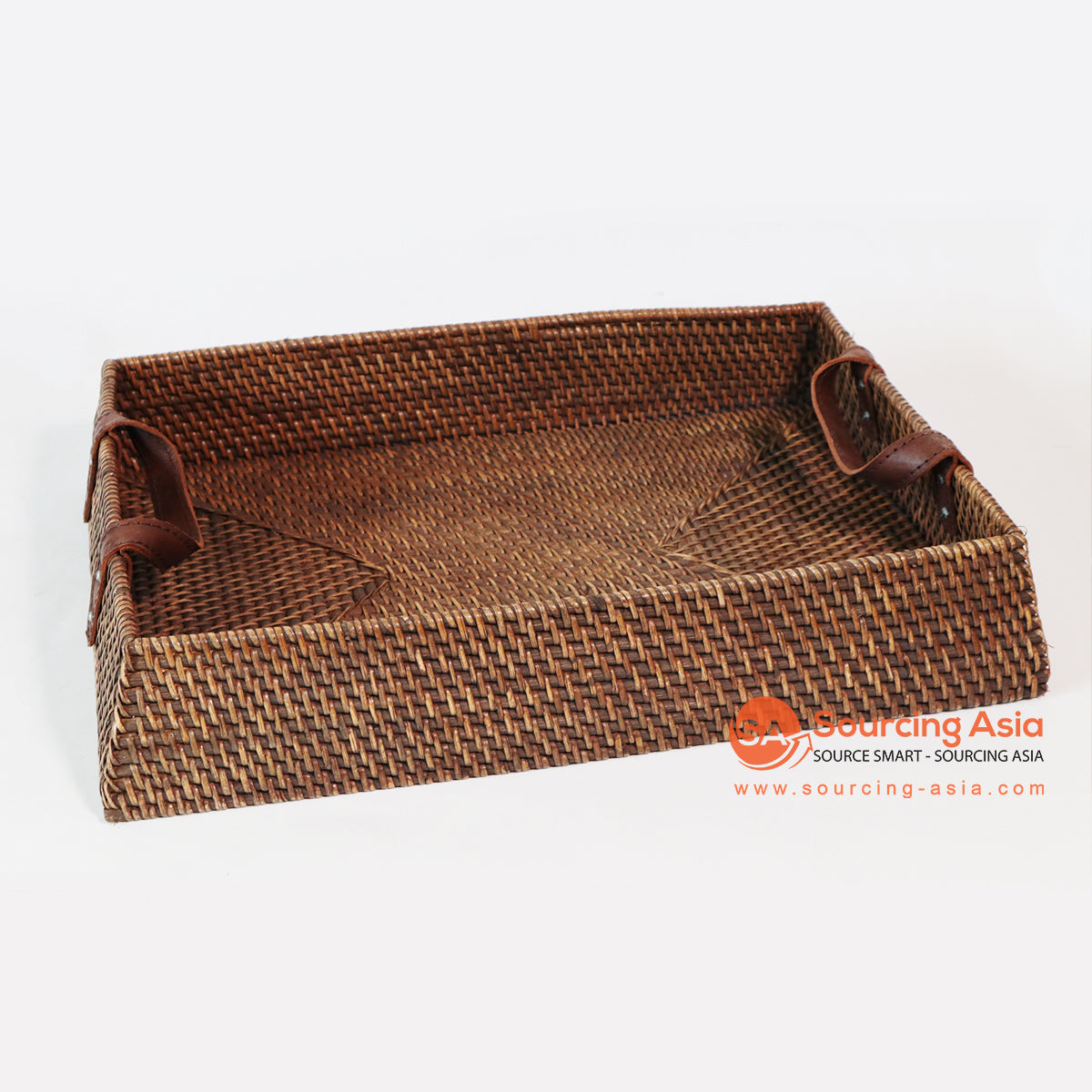 MTIC028 DARK BROWN WOVEN RATTAN SQUARE TRAY WITH LEATHER HANDLE