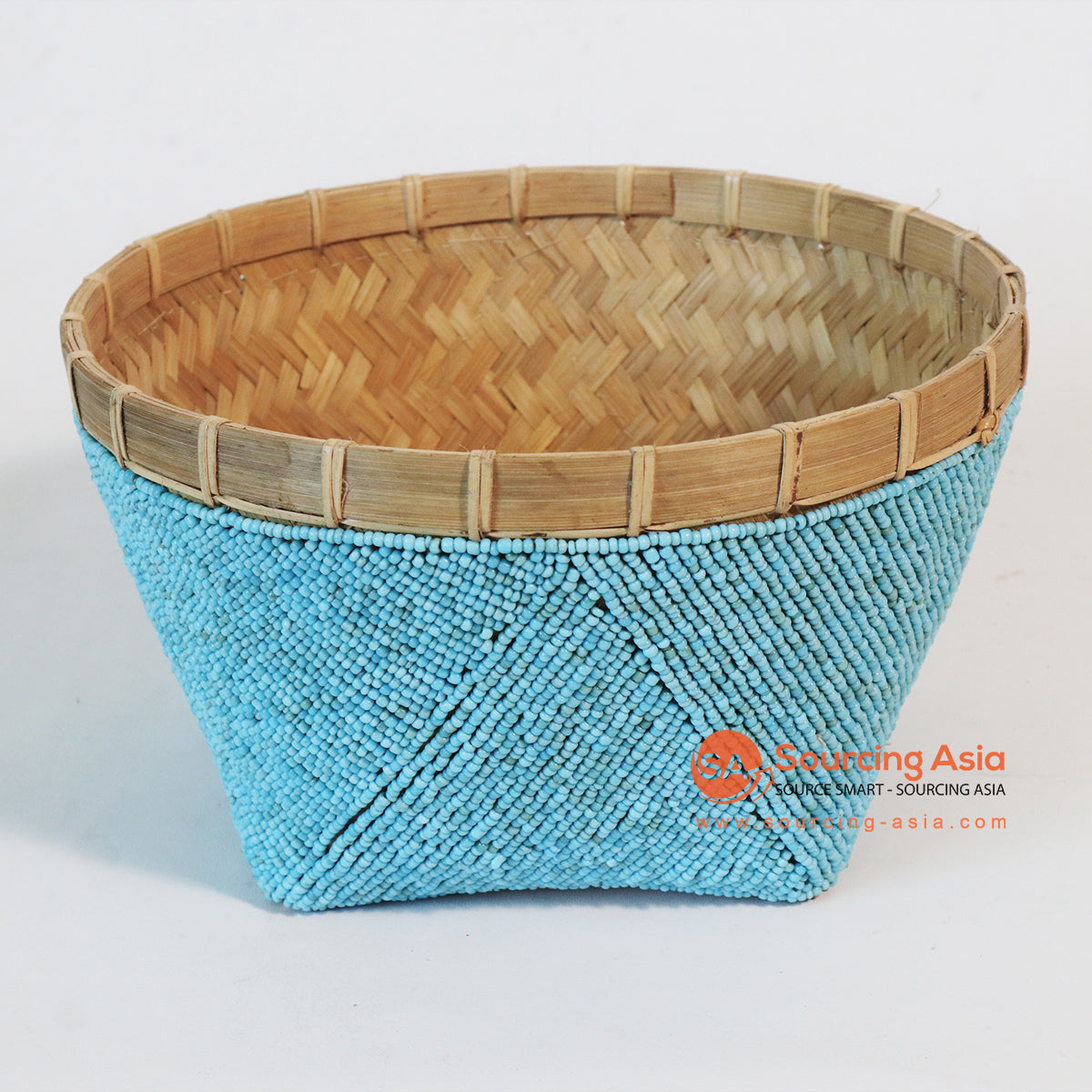 MTIC038 NATURAL BAMBOO AND BLUE BEADED BASKET