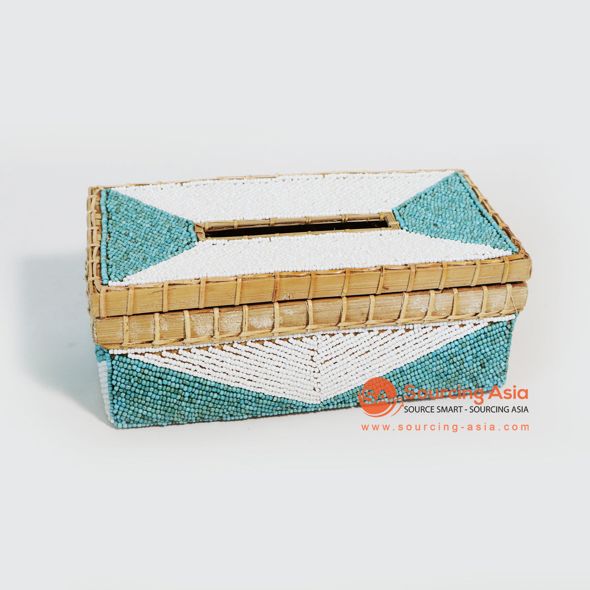 MTIC041-2 NATURAL BAMBOO WITH BLUE AND WHITE BEADED TISSUE BOX