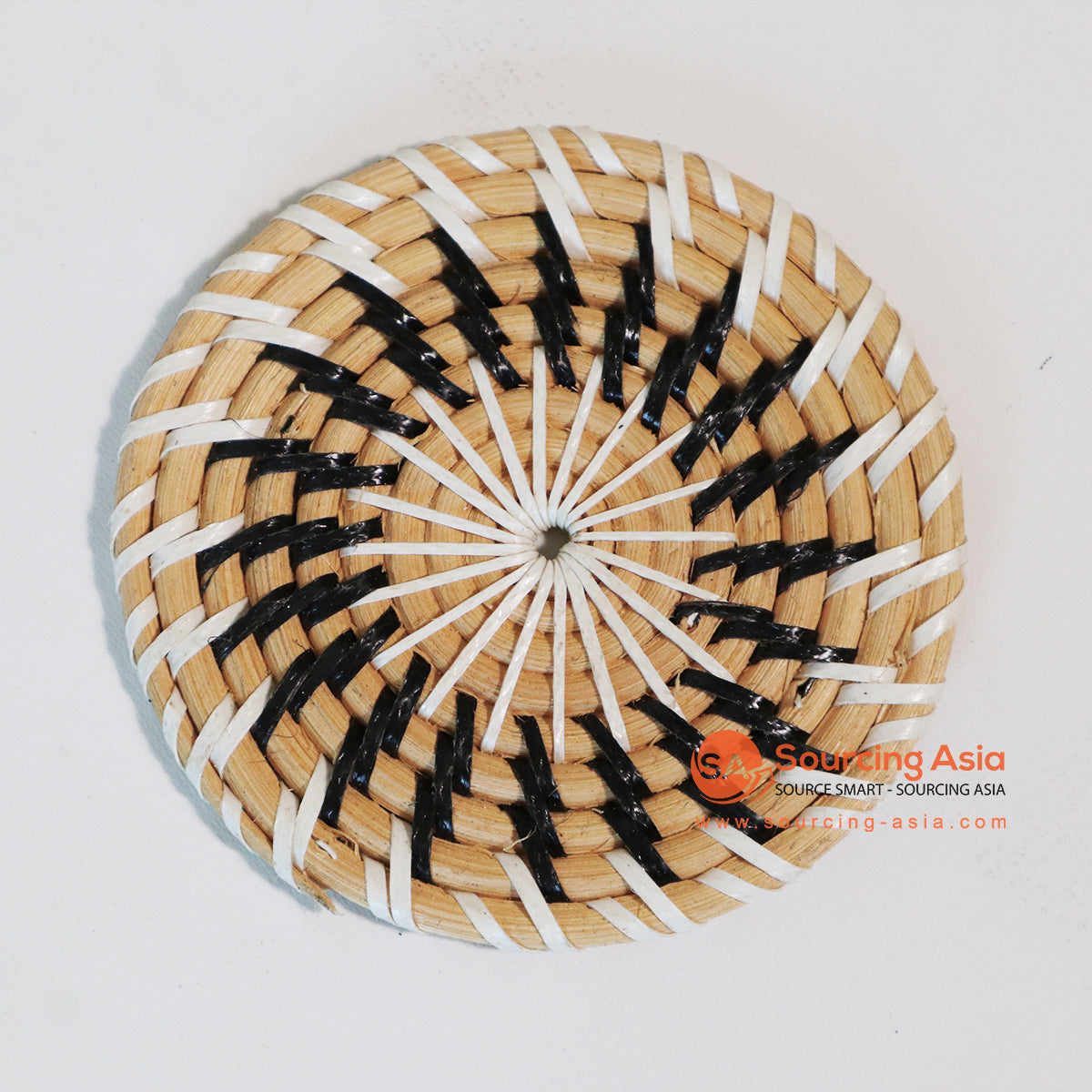 MTIC042-1 NATURAL RATTAN AND BLACK AND WHITE PLASTIC ROUND COASTER