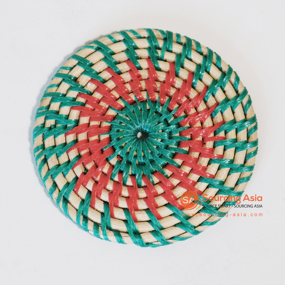 MTIC042-4 NATURAL RATTAN AND GREEN AND RED PLASTIC ROUND COASTER
