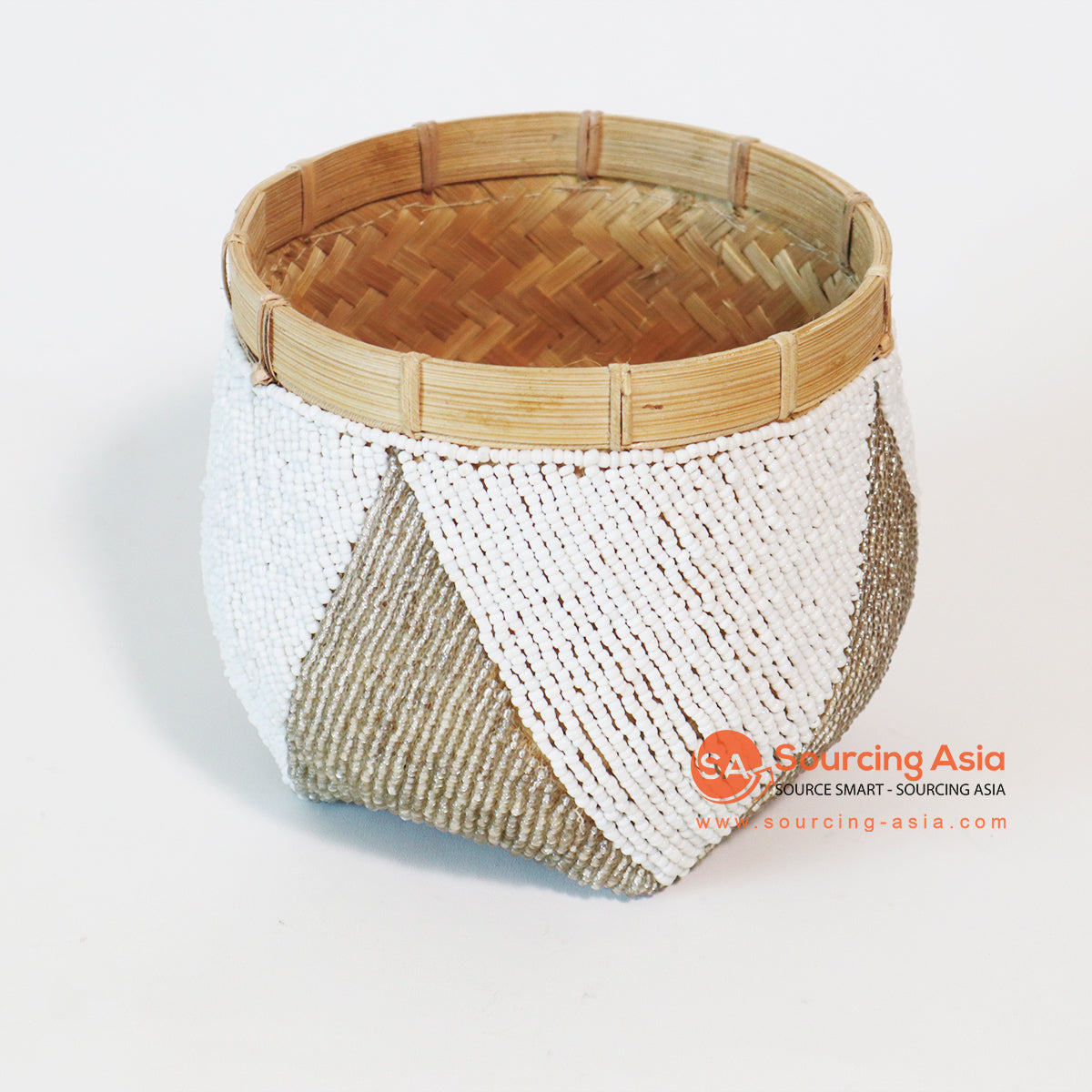 MTIC048-1 NATURAL BAMBOO AND GREY AND WHITE BEADED SMALL BASKET