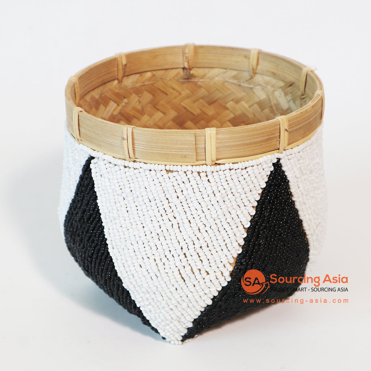 MTIC048 NATURAL BAMBOO AND BLACK AND WHITE BEADED SMALL BASKET