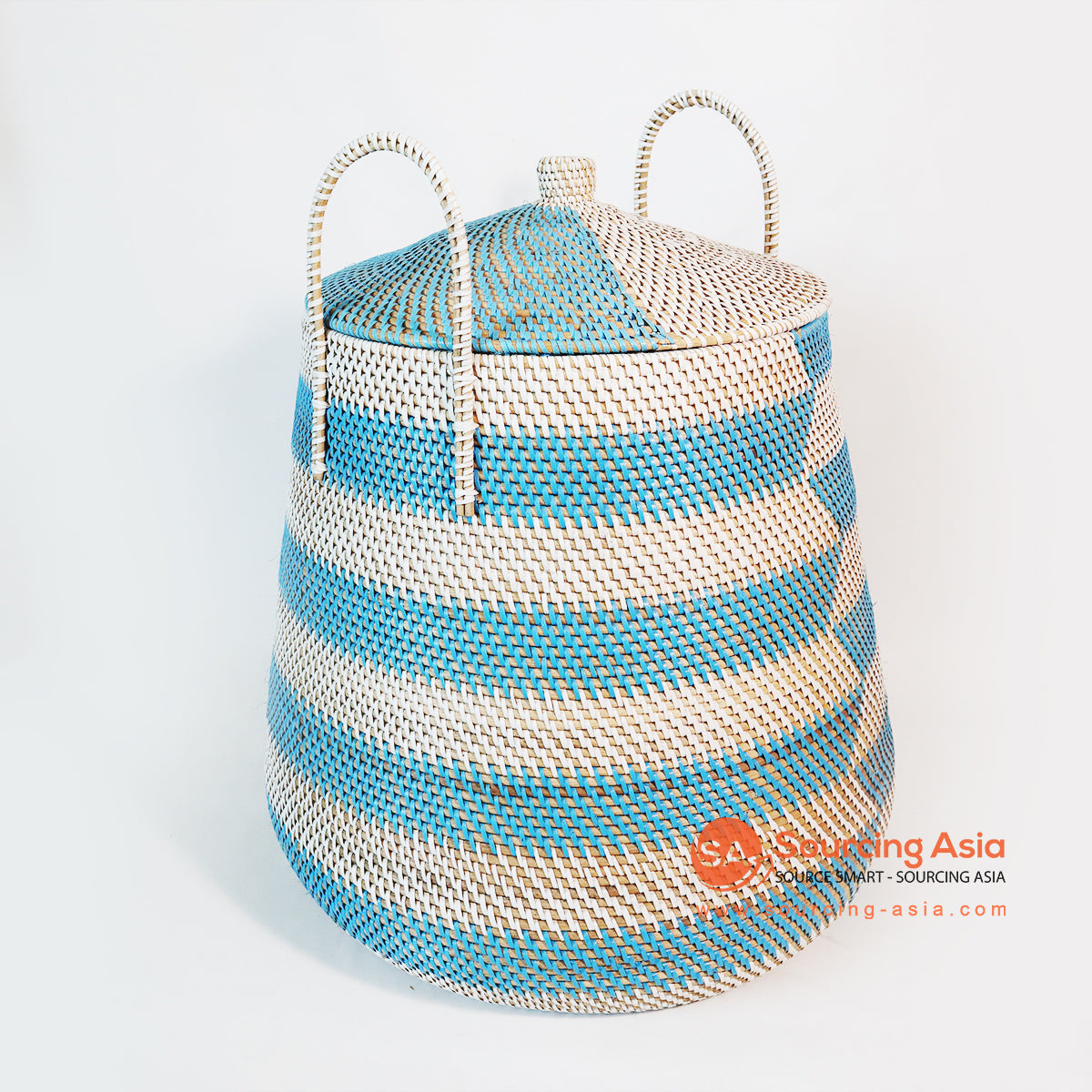 MTIC056 WHITE AND TURQUOISE WOVEN RATTAN BASKET WITH LID AND HANDLE