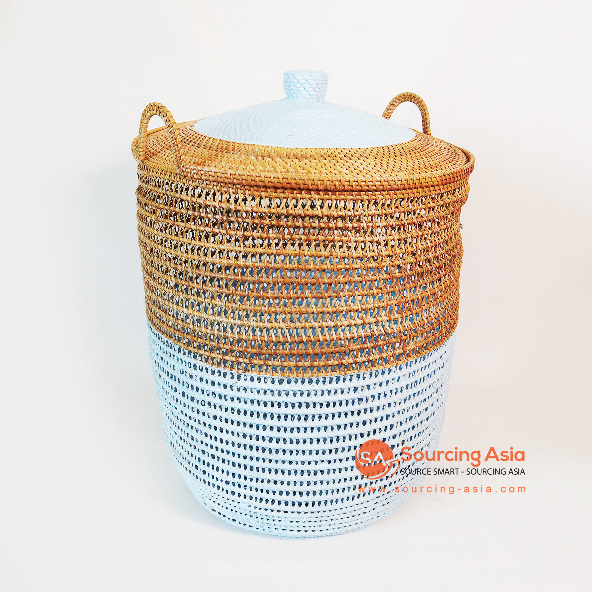 MTIC057 NATURAL AND BLUE WOVEN RATTAN BASKET WITH LID AND HANDLE