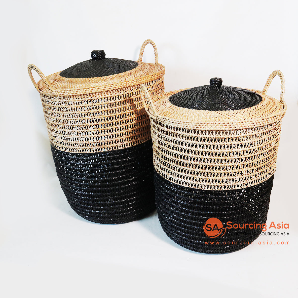 MTIC058-2 SET OF TWO NATURAL AND BLACK WOVEN RATTAN BASKETS WITH LID AND HANDLE