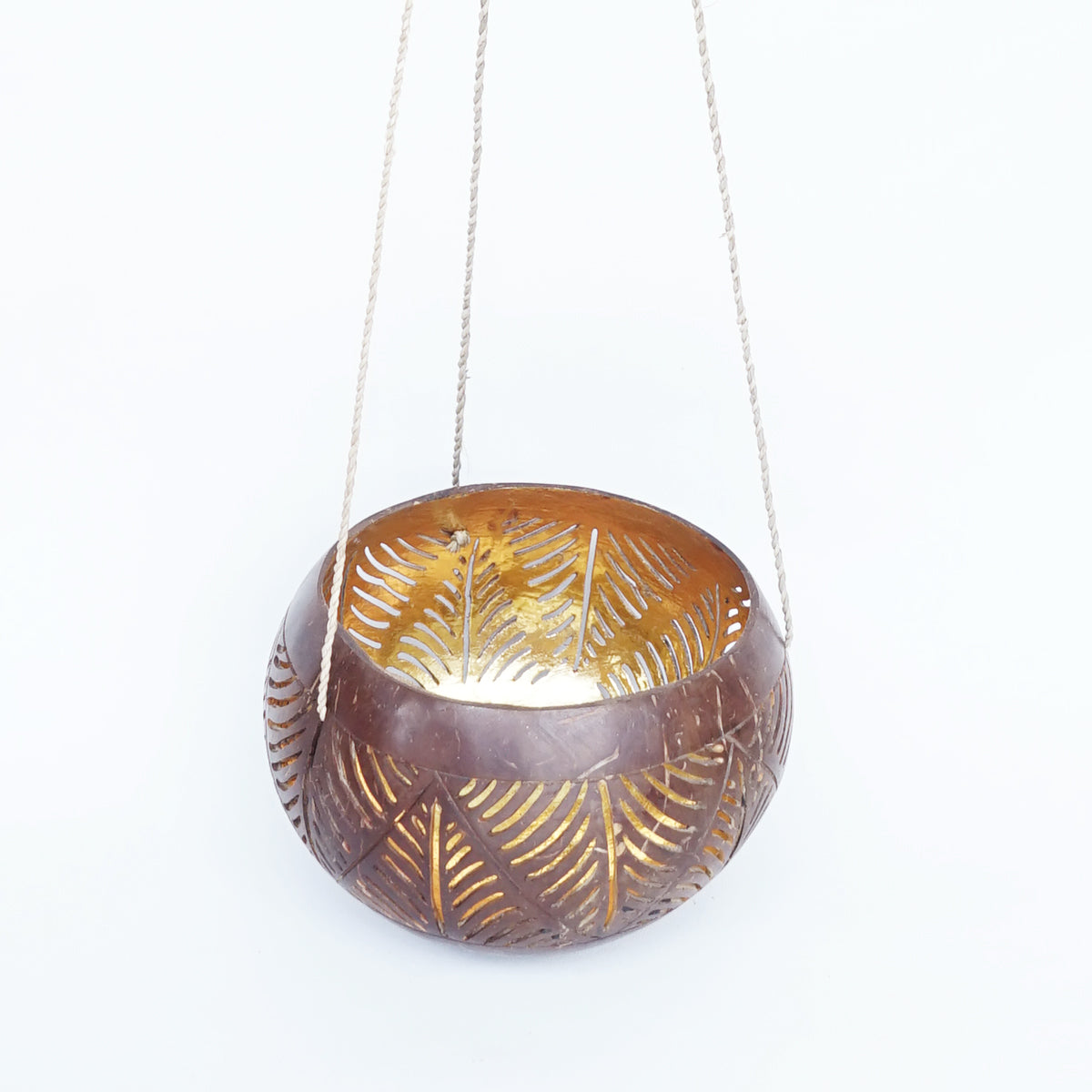 MULC054 NATURAL OLD COCONUT SHELL LEAVES CARVED HANGING BOWL WITH GOLD COLOR INSIDE