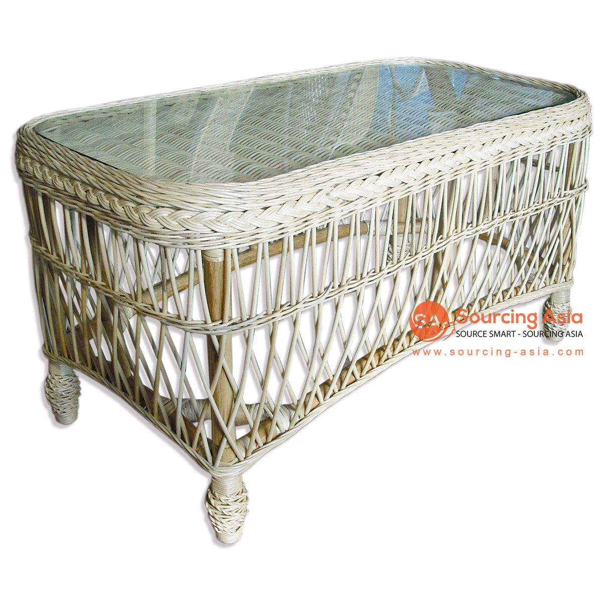 MUR003-CT NATURAL RATTAN CANE COFFEE TABLE WITH GLASS TOP