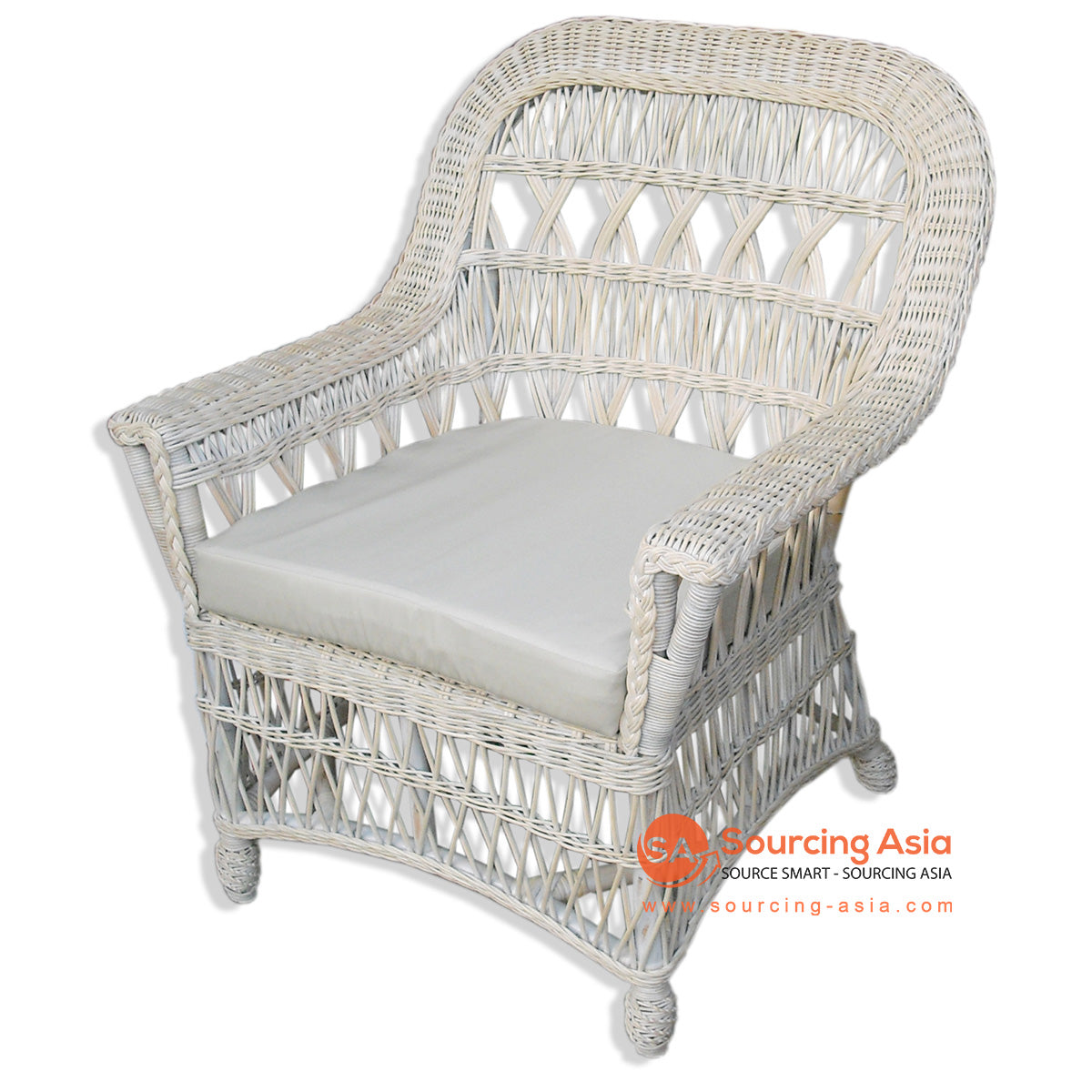 MUR004-WW WHITE WASH RATTAN CASUAL CANE CHAIR WITH CUSHION