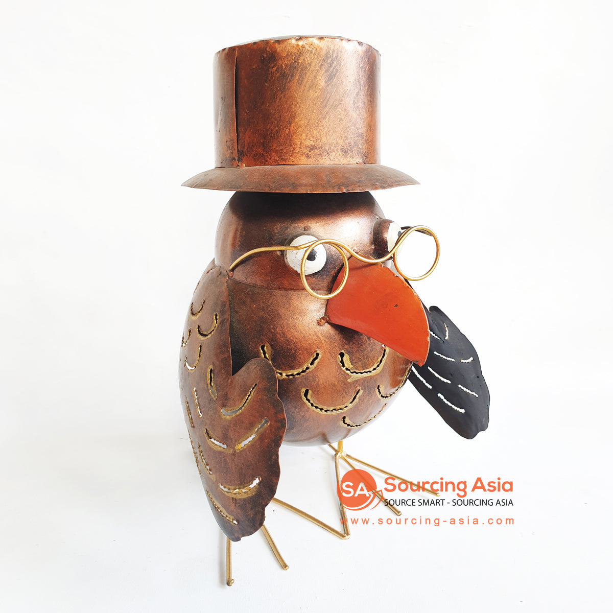 PEBC062 BROWN METAL OWL DECORATION WITH HAT