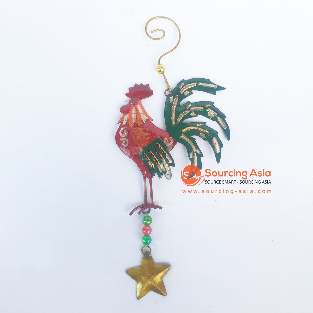 PEBC188 AIRBRUSHED PAINTED RED ROOSTER WITH GREEN WINGS AND TAIL WALL DECORATION WITH HANGING HOOK AND STAR ORNAMENT