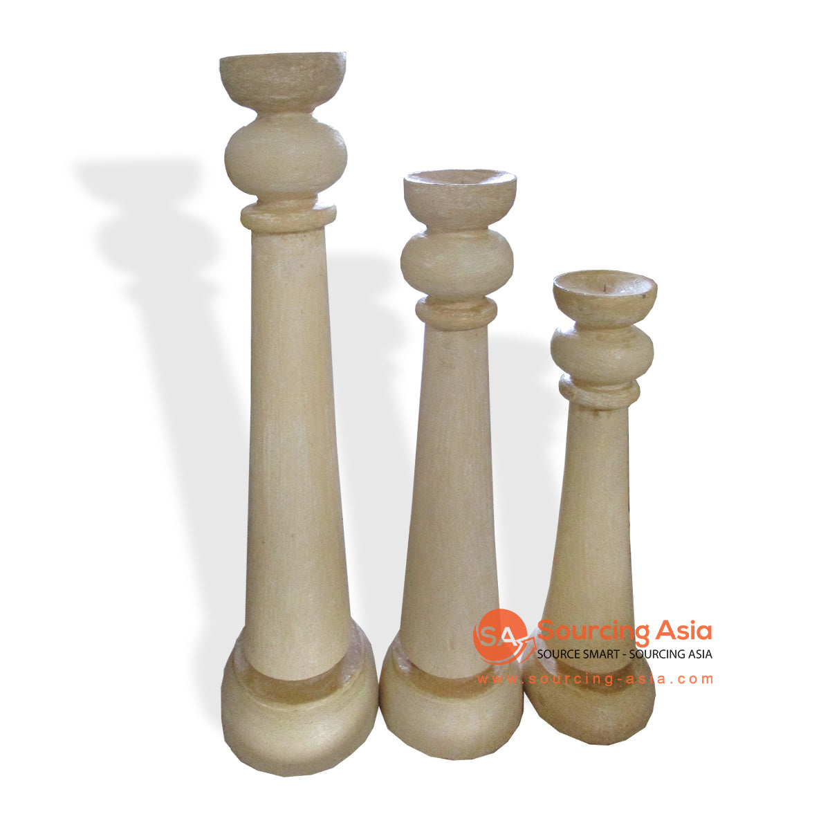 PIT057SET-3 SET OF THREE LIGHT CREAM WOODEN CANDLE HOLDERS