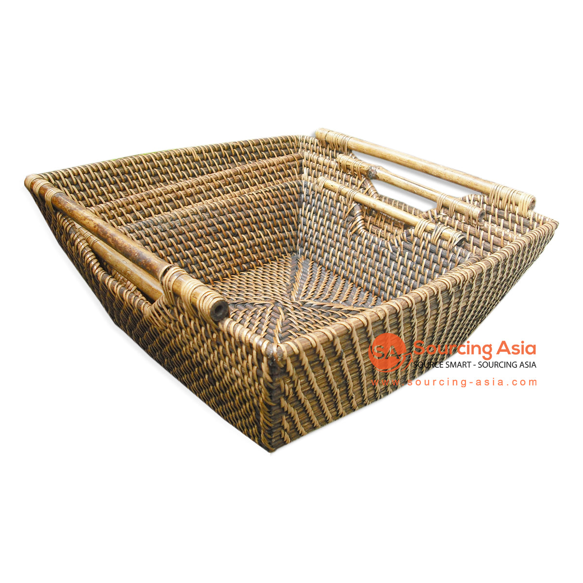 PPN071 SET OF THREE ANTIQUE NATURAL RATTAN TRAYS WITH HANDLE