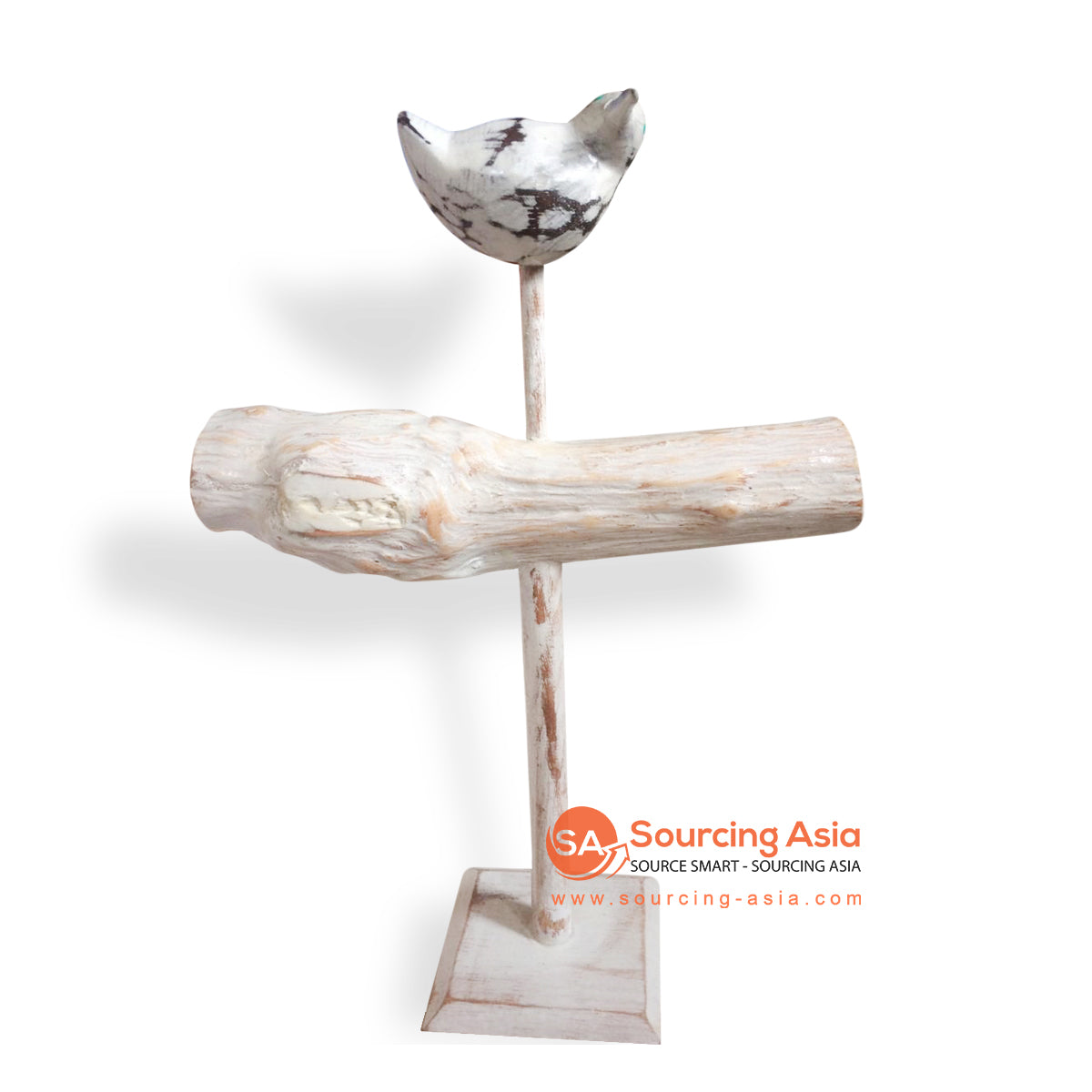 PUR003 WHITE WASH WOODEN JEWELRY STAND WITH BIRD DECORATION