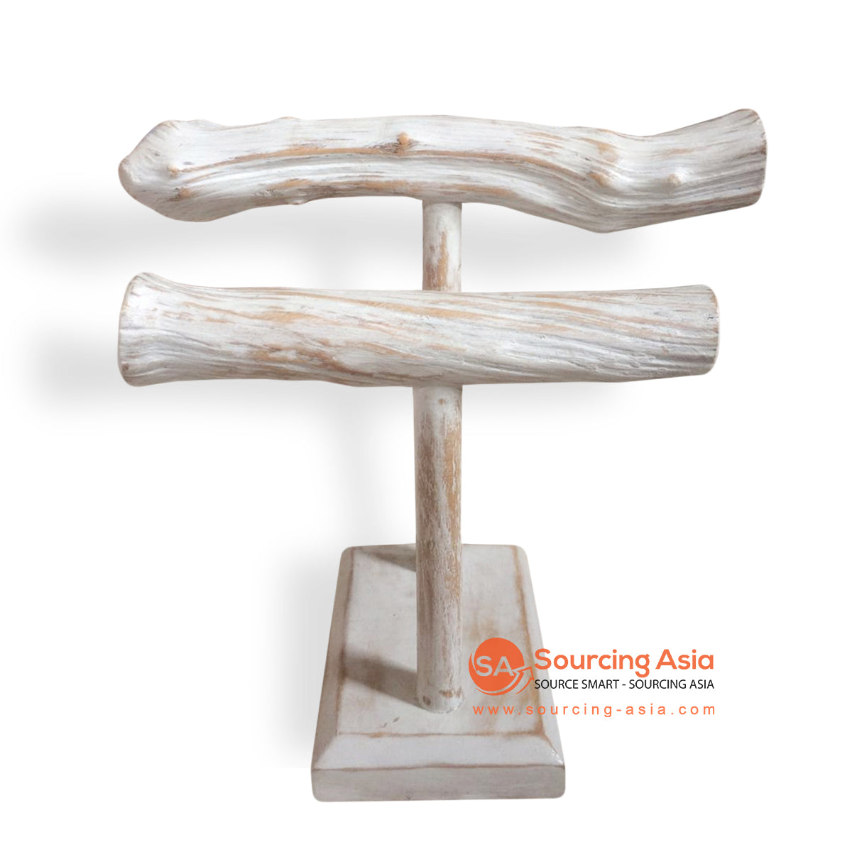 PUR004 WHITE WASH WOODEN TWO BRANCHES JEWELRY STAND