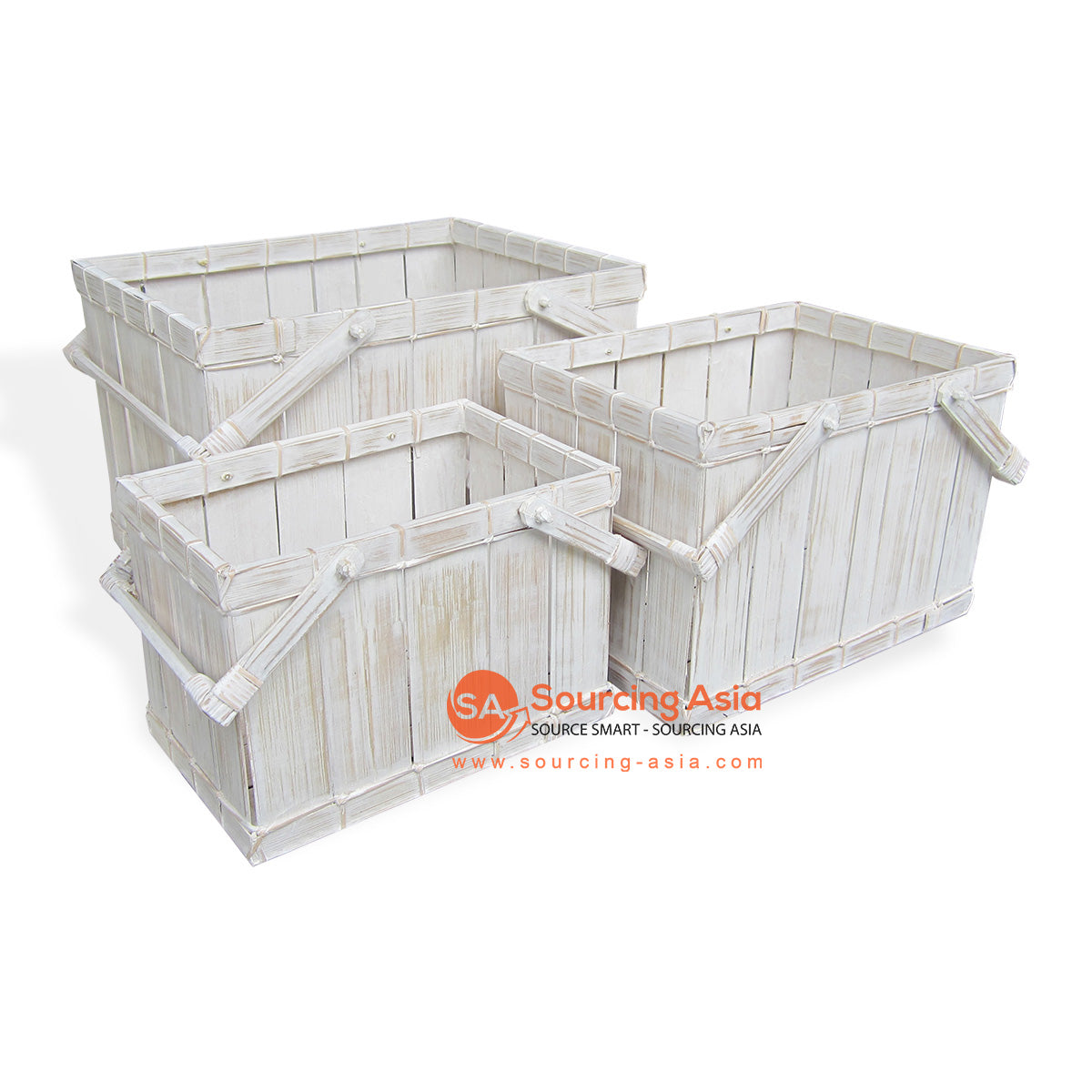 RATS029 SET OF THREE WHITE WASH BAMBOO PICNIC BASKETS WITH HANDLE