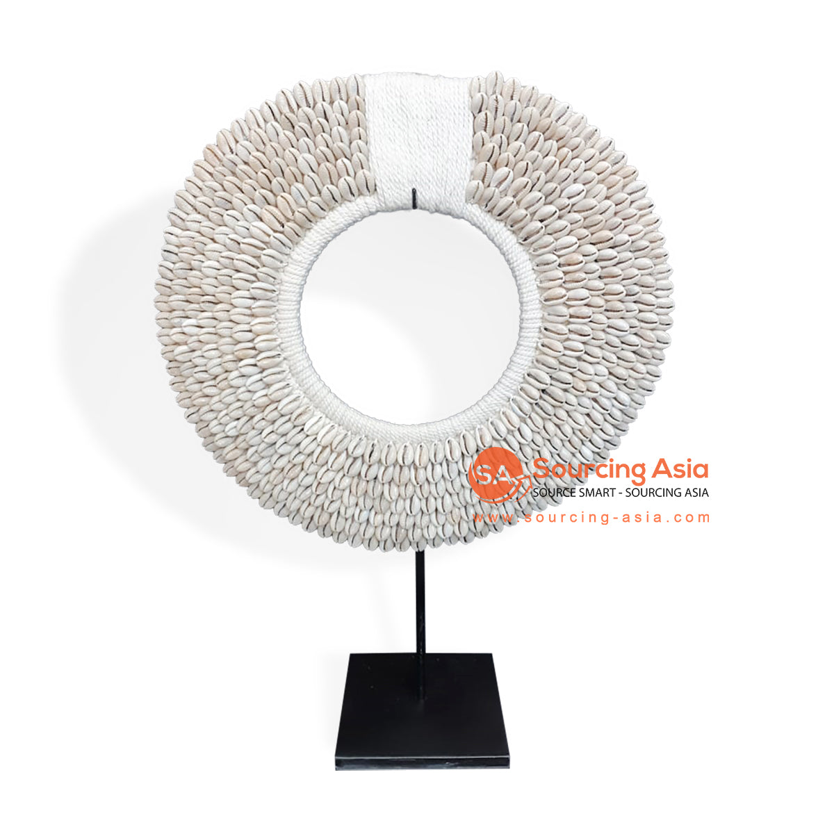 ROB005 WHITE SHELL PAPUA TRIBAL STYLE DISC ON STAND DECORATION