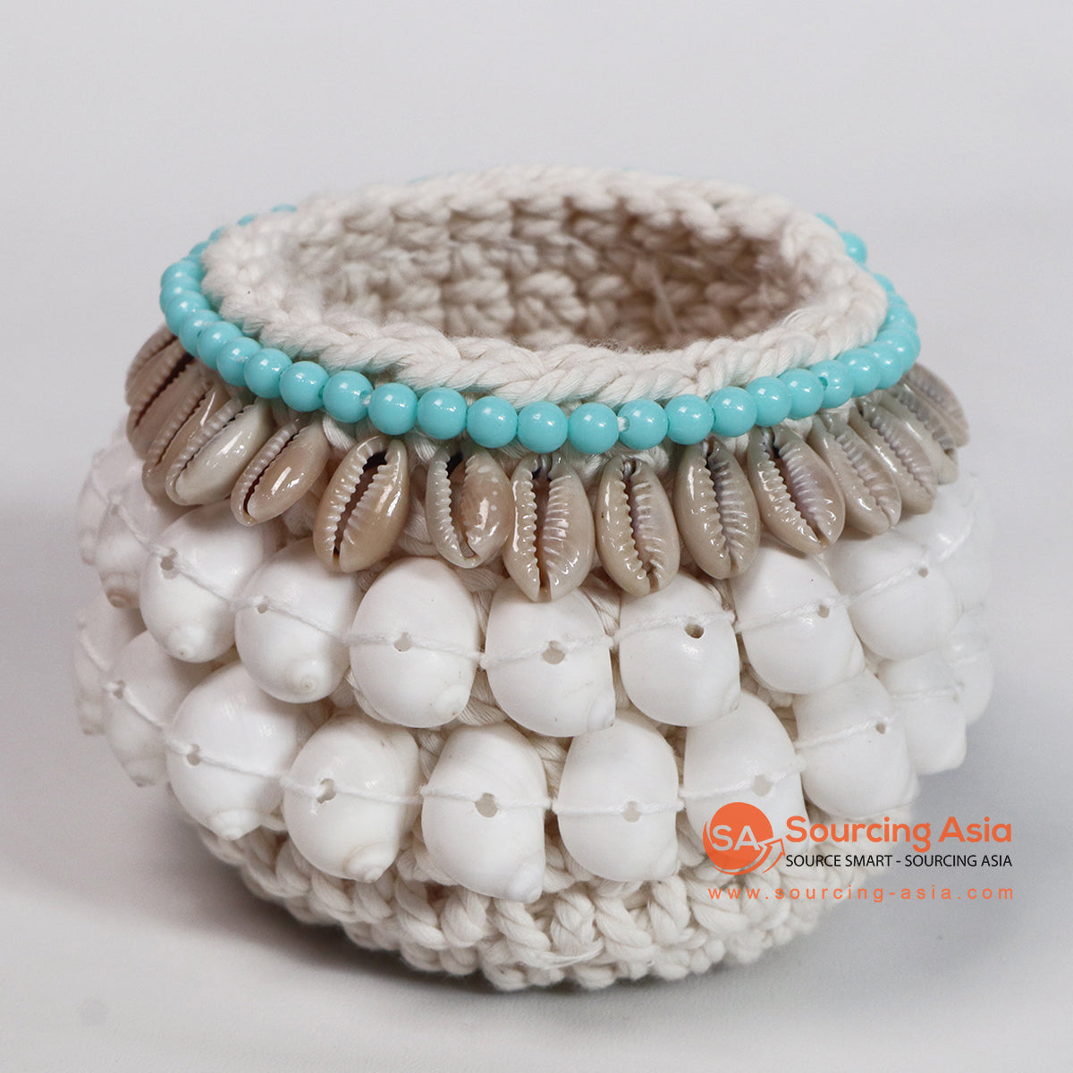 ROB014-1 NATURAL SHELL MACRAME BOTTLE HOLDER WITH BLUE BEADING