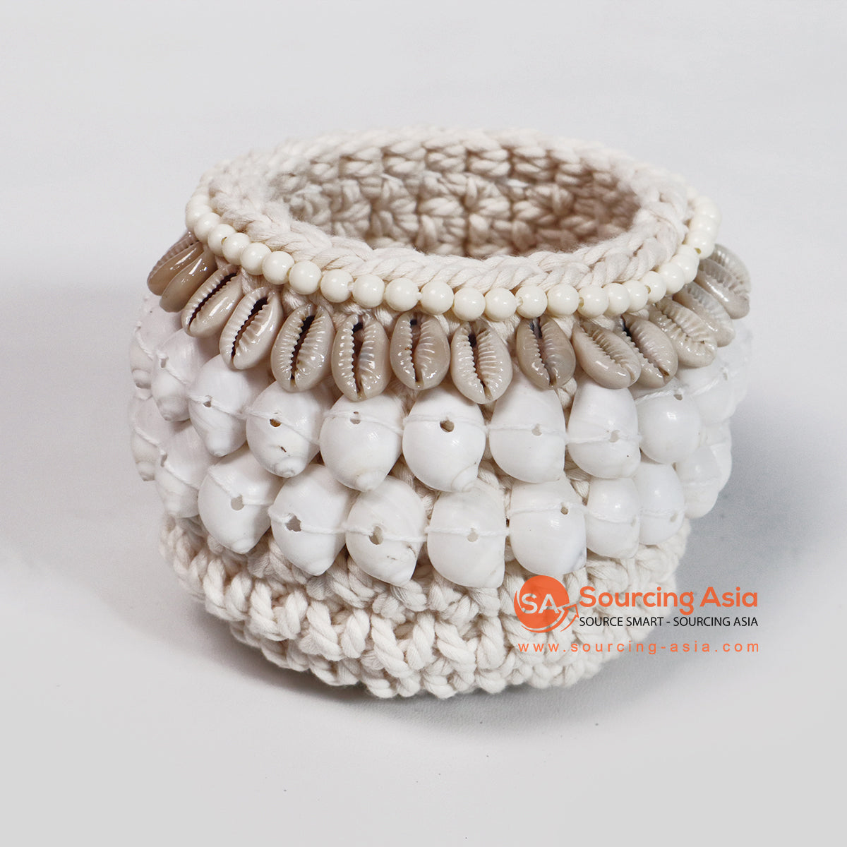 ROB014-2 NATURAL SHELL MACRAME BOTTLE HOLDER WITH TIMBER BEADING