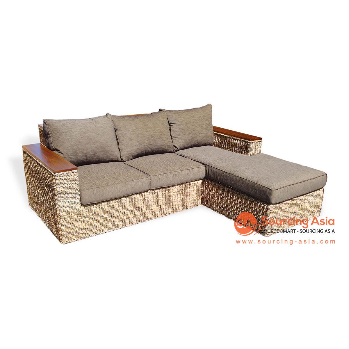 SF33-1 NATURAL BANANA FIBER TWO SEATS MOROCCO SOFA WITH CHAISE AND TIMBER ARMS (PRICE WITHOUT CUSHION)