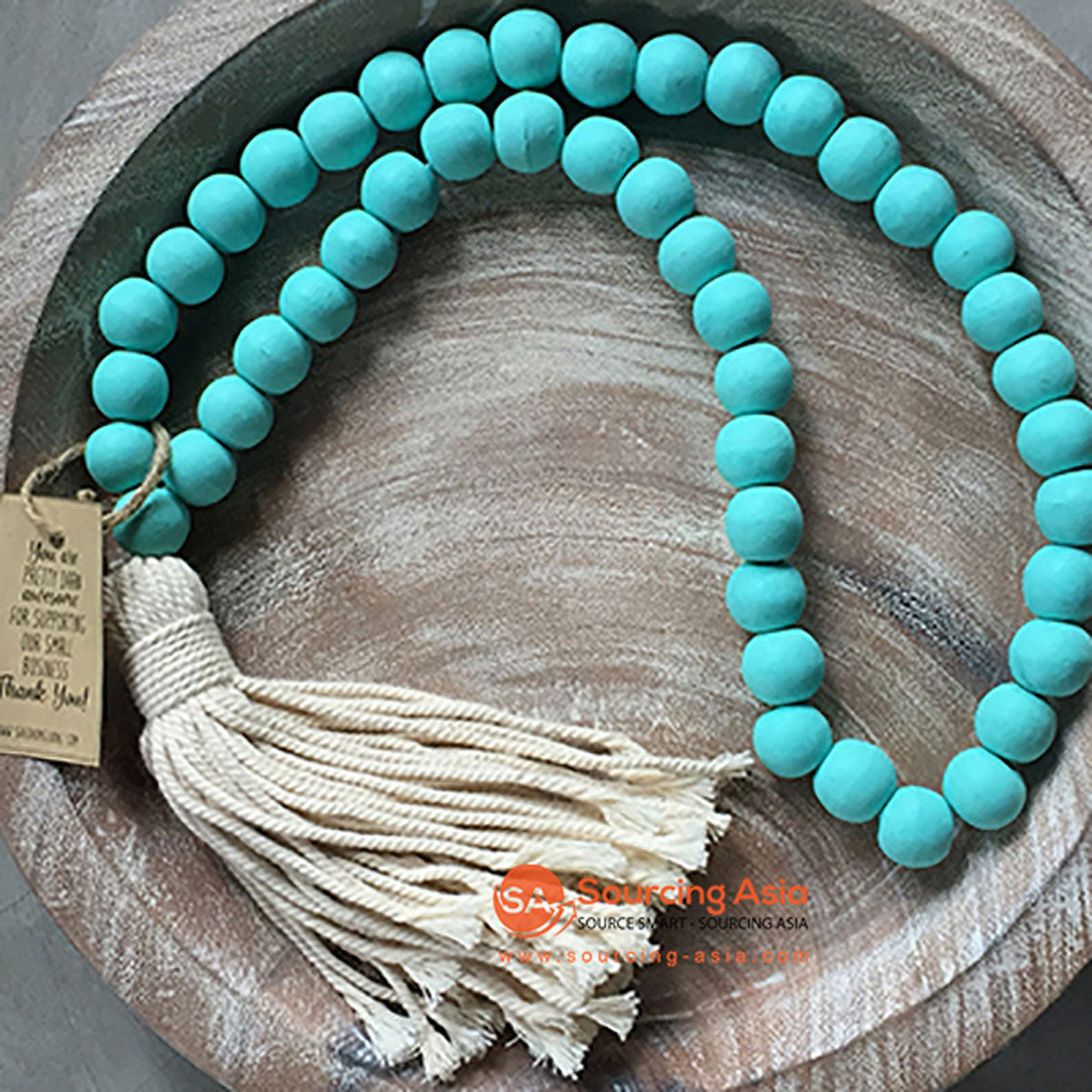 SHL047-1 TURQUOISE TIMBER BEADS DECORATIVE TASSEL WITH WHITE GARLAND