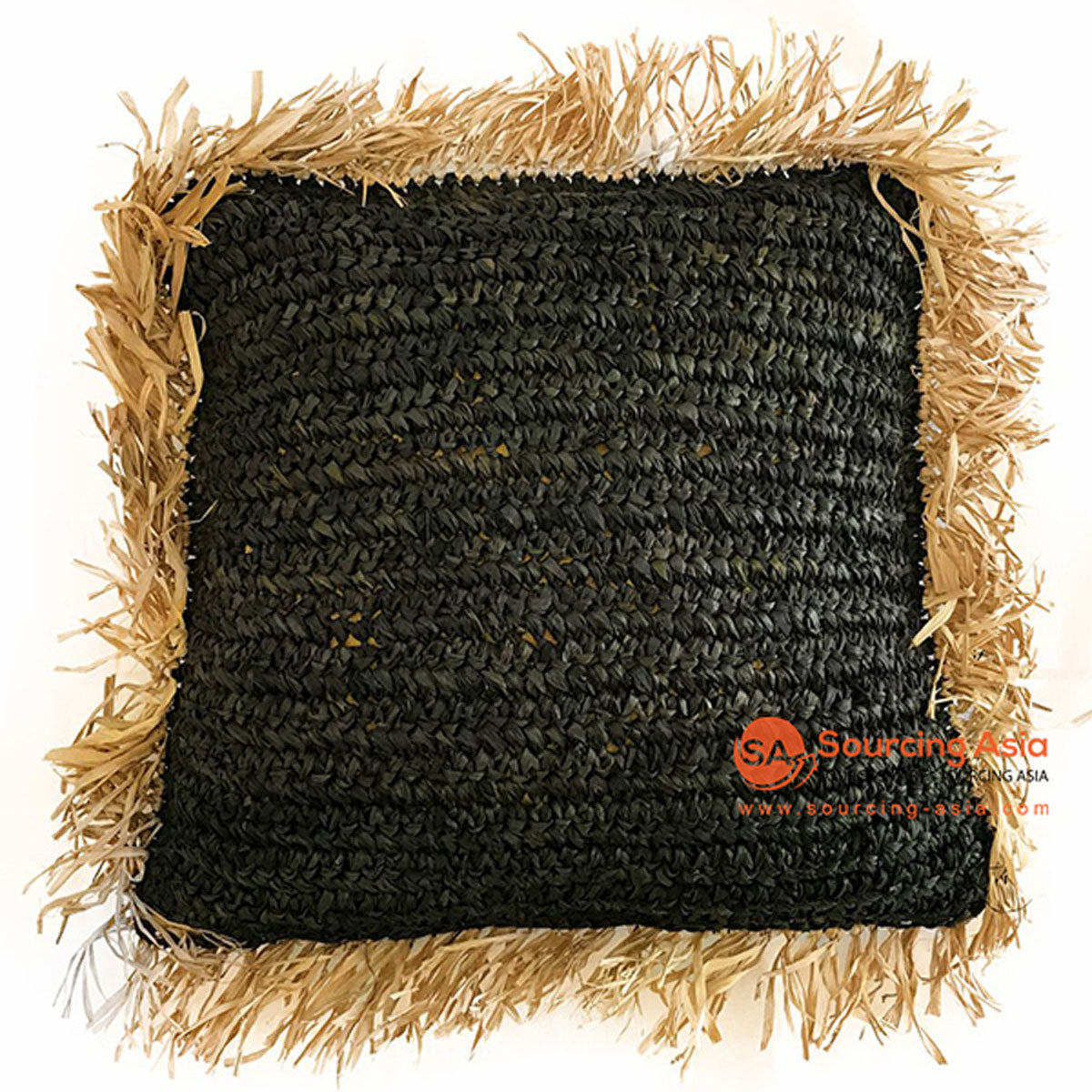 SHL049A-1 BLACK RAFFIA SQUARE CUSHION WITH NATURAL FRINGE (PRICE WITH INNER)