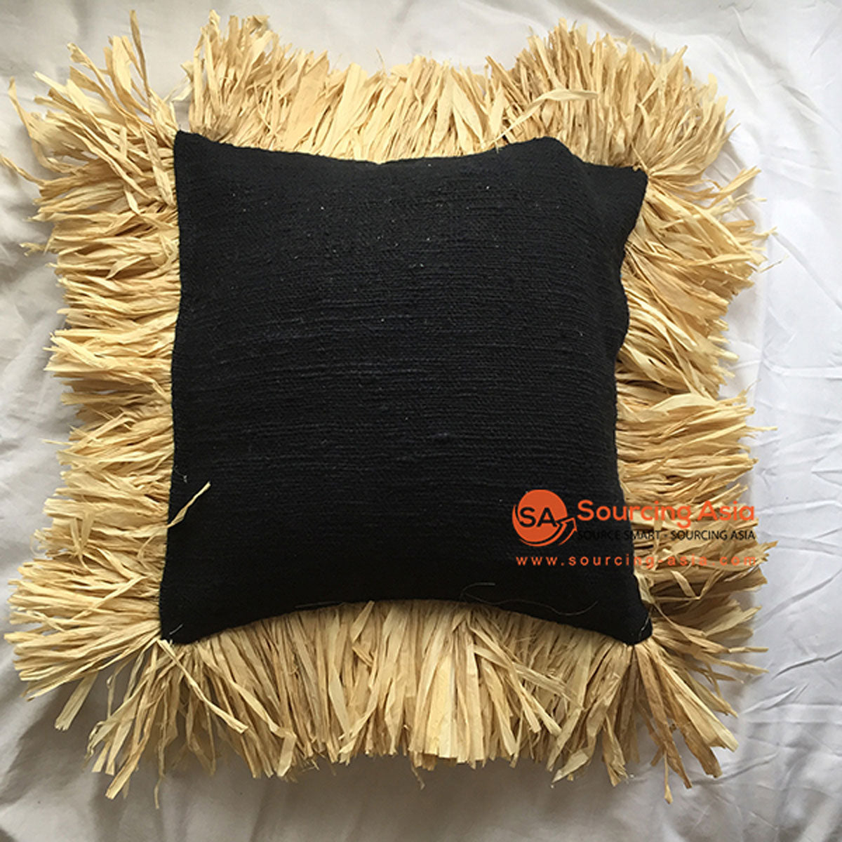 SHL050-2 BLACK RAFFIA SQUARE CUSHION WITH NATURAL FRINGE (PRICE WITH INNER)