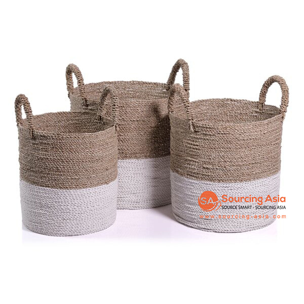SHL057-8 SET OF THREE NATURAL AND WHITE SEAGRASS BASKETS WITH MACRAME DECORATION
