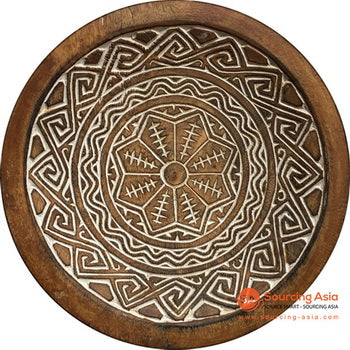 SHL059-15 WHITE WASH PALM WOOD DECORATIVE PLATE WALL DECORATION WITH TRIBAL CARVINGS