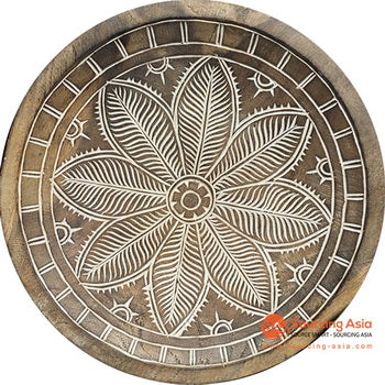 SHL059-2 WHITE WASH PALM WOOD DECORATIVE PLATE WALL DECORATION WITH TRIBAL CARVINGS