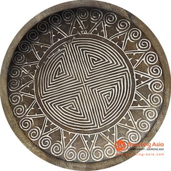 SHL059-3 WHITE WASH PALM WOOD DECORATIVE PLATE WALL DECORATION WITH TRIBAL CARVINGS