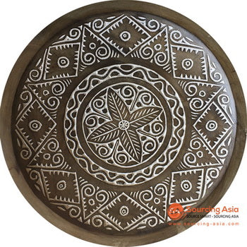 SHL059-7 WHITE WASH PALM WOOD DECORATIVE PLATE WALL DECORATION WITH TRIBAL CARVINGS